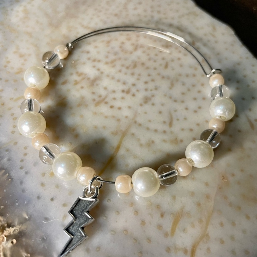 Clear Quartz and Faux Pearl Adjustable Bracelet
